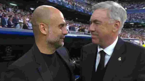 Pep Guardiola, allenatore del Manchester City, e Carlo Ancelotti, allenatore del Real Madrid