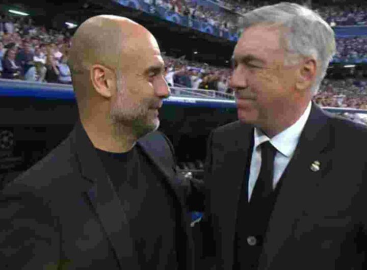 Pep Guardiola, allenatore del Manchester City, e Carlo Ancelotti, allenatore del Real Madrid