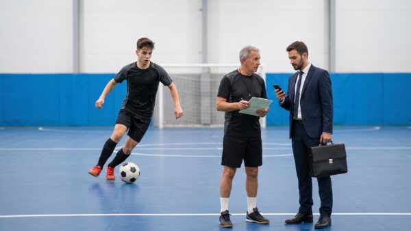 Giocatore di calcio a 5 in allenamento sul parquet insieme a un allenatore e un dirigente in giacca e cravatta.