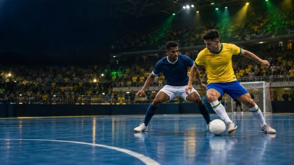 Giocatori di futsal in un palazzetto ispirato ai colori del Brasile
