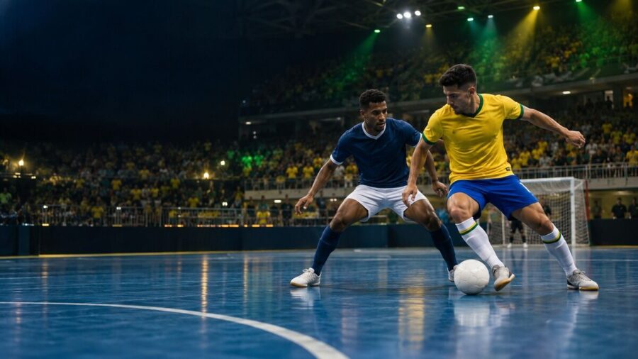 Giocatori di futsal in un palazzetto ispirato ai colori del Brasile
