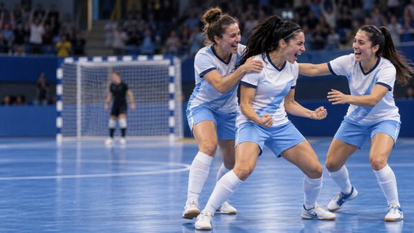 Tre giocatrici di futsal in divisa bianca e azzurra festeggiano un gol