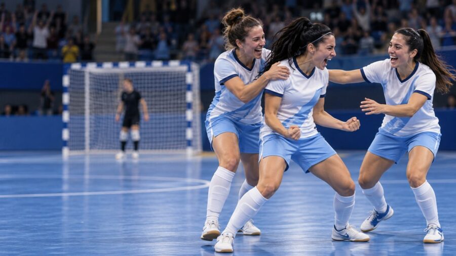 Tre giocatrici di futsal in divisa bianca e azzurra festeggiano un gol