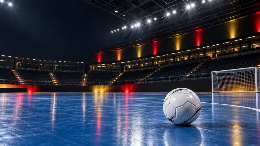 Pallone su un campo da futsal illuminato con colori ispirati alla Germania