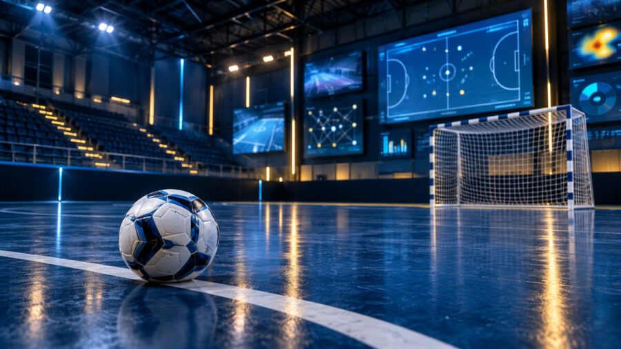 Pallone e porta da futsal in un palazzetto con schermi dedicati alla match analysis
