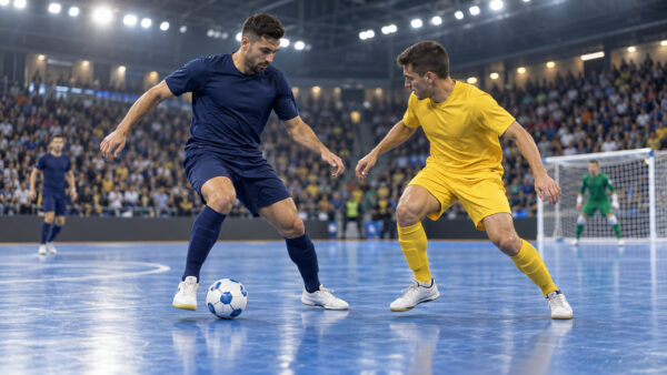 Due giocatori di futsal in azione su un campo blu durante una partita
