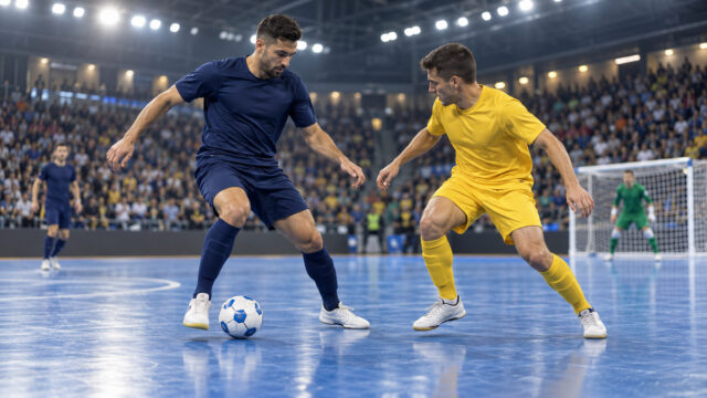 Due giocatori di futsal in azione su un campo blu durante una partita