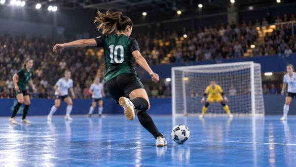 Azione di futsal femminile in un palazzetto con una giocatrice al tiro