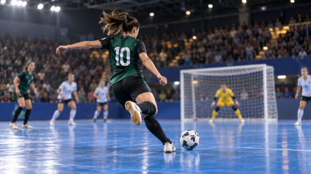 Azione di futsal femminile in un palazzetto con una giocatrice al tiro