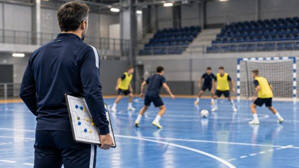 Allenatore di futsal osserva una seduta tecnica con lavagna tattica