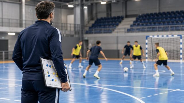 Allenatore di futsal osserva una seduta tecnica con lavagna tattica