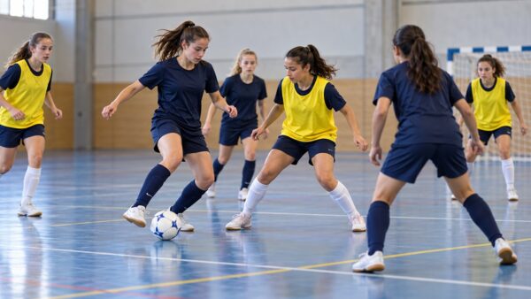 Scena illustrativa di giovani giocatrici di futsal in un palazzetto