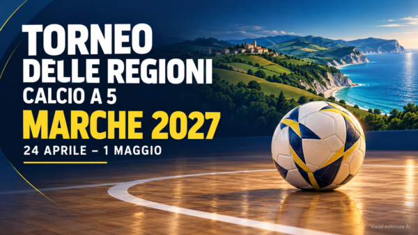 Grafica del Torneo delle Regioni di calcio a 5 Marche 2027, con pallone e paesaggio marchigiano
