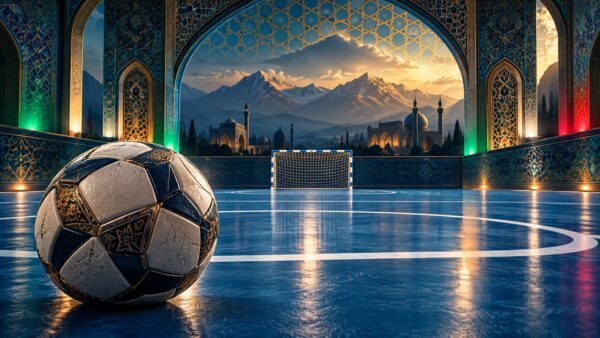 Pallone e porta da futsal in un’ambientazione illustrata ispirata all’architettura persiana