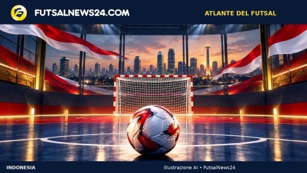 Illustrazione di un pallone e una porta da futsal con drappi biancorossi e uno skyline ispirato a Jakarta.