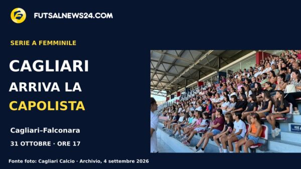 Grafica di presentazione di Cagliari–Falconara con foto d’archivio delle partecipanti e delle famiglie alla presentazione del progetto femminile rossoblù.