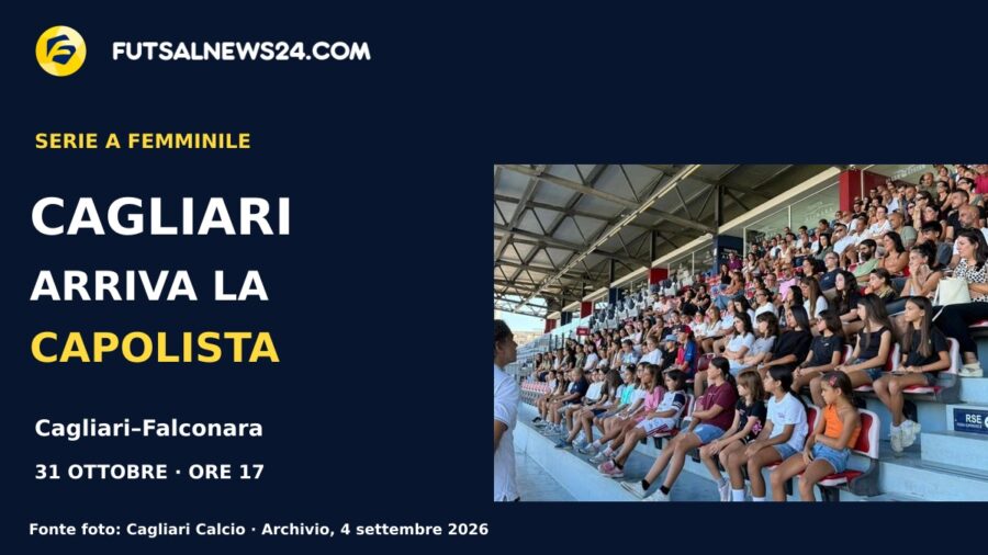 Grafica di presentazione di Cagliari–Falconara con foto d’archivio delle partecipanti e delle famiglie alla presentazione del progetto femminile rossoblù.