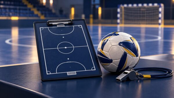 llustrazione di una lavagna tattica, un pallone da futsal e un fischietto