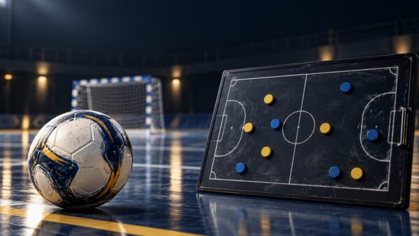 Pallone da futsal accanto a una lavagna tattica con pedine gialle e blu, in un palazzetto.