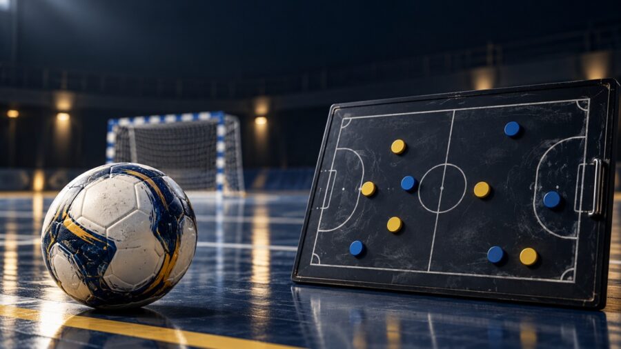 Pallone da futsal accanto a una lavagna tattica con pedine gialle e blu, in un palazzetto.