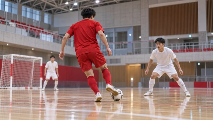 Illustrazione AI di giocatori di futsal con divise rosse e bianche in un palazzetto
