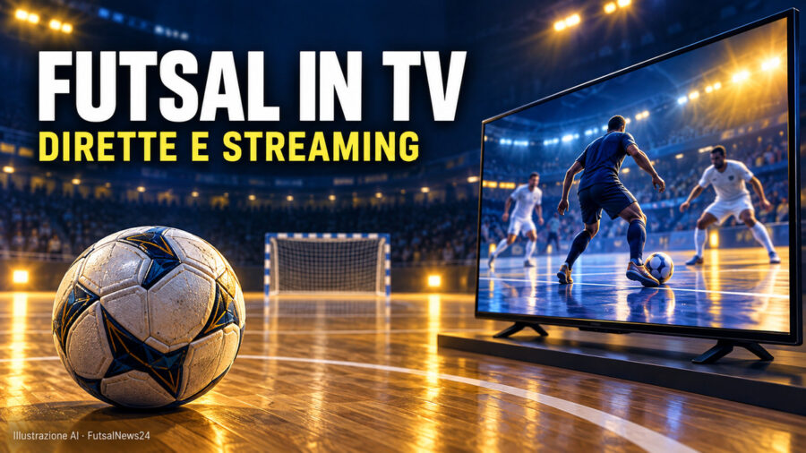Pallone su un campo da futsal e televisore con un’azione di gioco, con la scritta Futsal in TV, dirette e streaming.