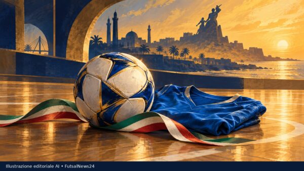 Illustrazione con pallone da futsal, maglia azzurra e nastro tricolore davanti a uno scenario ispirato a Dakar
