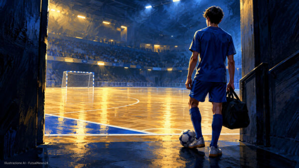 Illustrazione di un giovane giocatore in divisa azzurra, visto di spalle all’ingresso di un campo da futsal, con borsa e pallone.