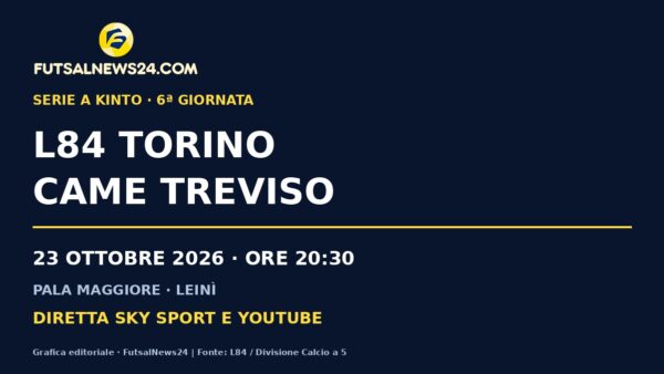 Grafica di L84 Torino–Came Treviso, in programma il 23 ottobre 2026 alle 20:30 a Leinì.