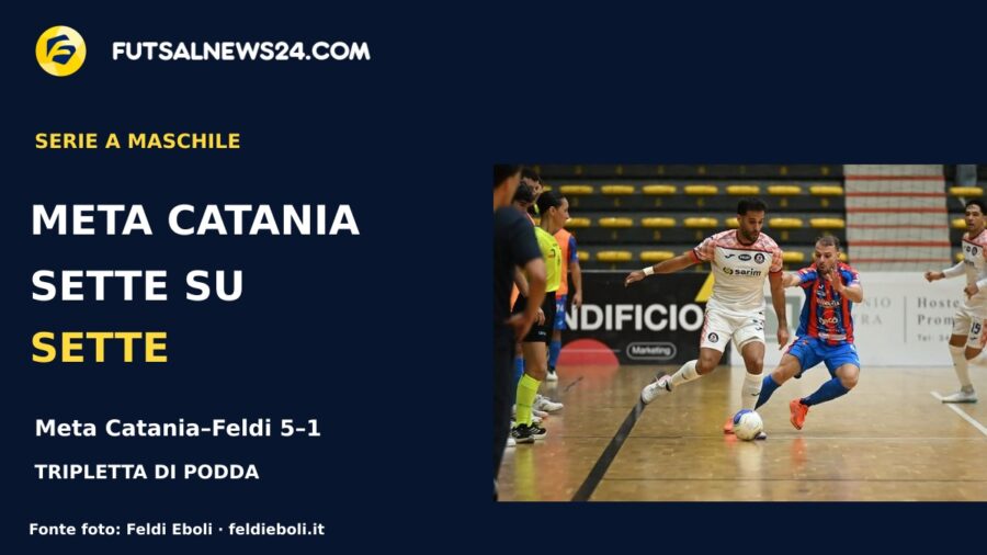 Grafica con il risultato Meta Catania–Feldi Eboli 5-1 e una fotografia di gioco tra le due squadre pubblicata dalla Feldi.