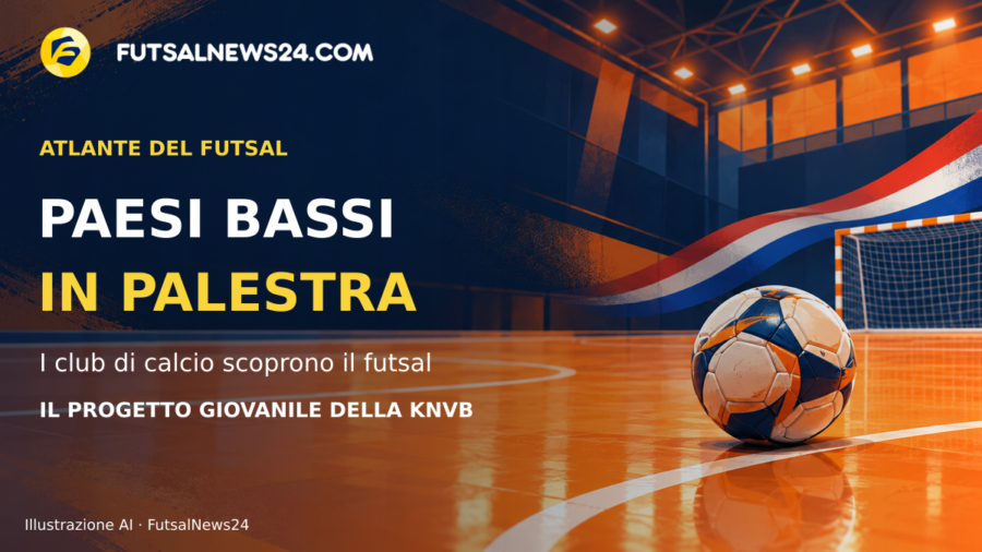 Illustrazione di un pallone su un campo da futsal arancione, con i colori dei Paesi Bassi e il titolo Paesi Bassi in palestra.