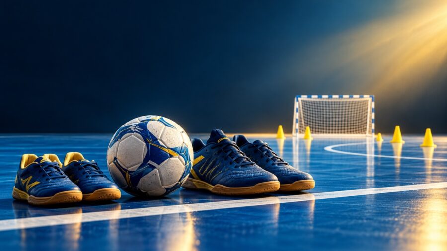 Pallone e scarpe da futsal di due misure su un campo indoor con coni da allenamento