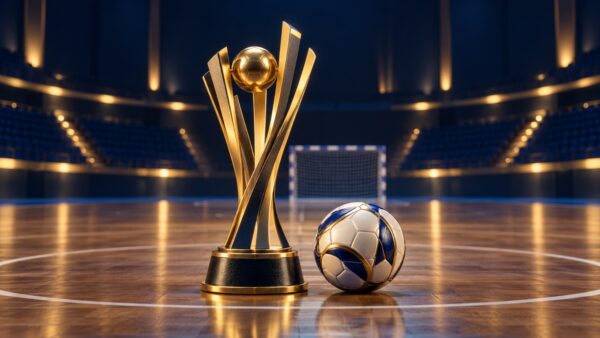 Illustrazione di un trofeo simbolico dorato e un pallone su un campo da futsal